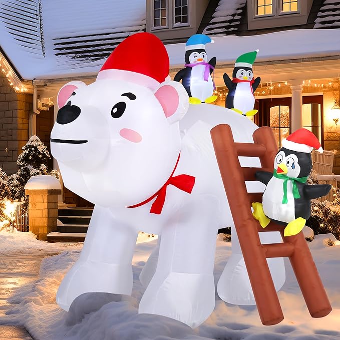8FT Long Christmas Inflatables Decorations, Outdoor Penguins & Polar Bear Giant Blow Up with Built-in LED Lights for Yard Garden Lawn Holiday Decor