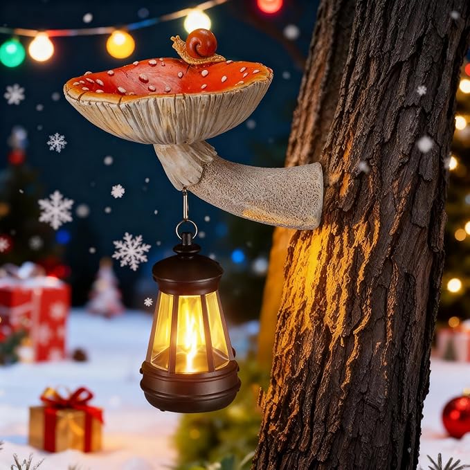 Mushroom with Snail and Lantern Cute Solar Statue Light Garden Decoration Resin Decoration Painted Design Craft Ornament for Indoor Outdoor Gift(Red)