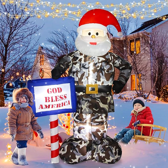Christmas Inflatable Outdoor Decoration, 7FT Giant Blow Up Camouflage Santa Claus Xmas Decorations Soldier Army Gift, Built-in LED Lights Holiday Decor for Indoor Outside Lawn Garden
