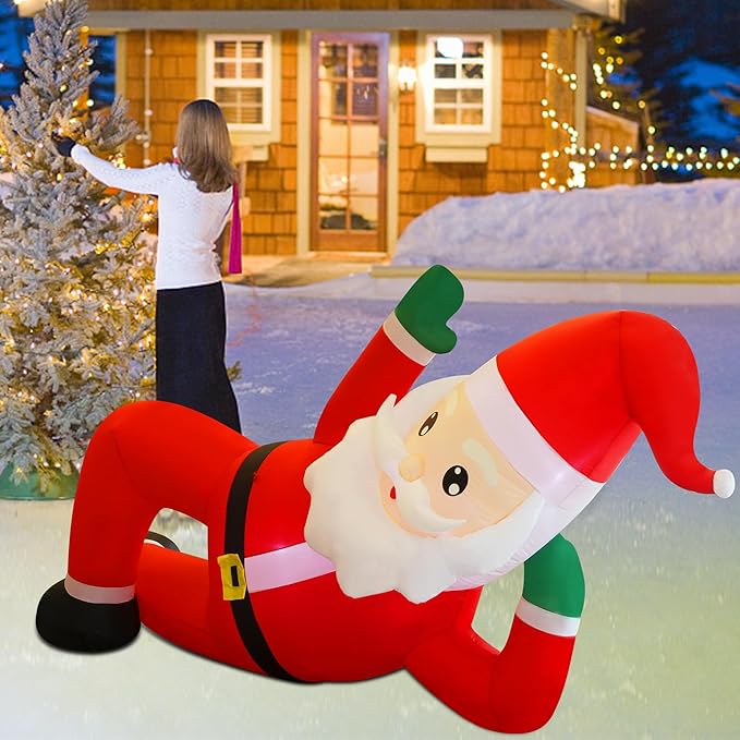 Juegoal Christmas Inflatables Outdoor Decorations, 12FT Long Inflatable Xmas Santa Claus, Lighted Blow Up Giant Lying Santa with Built in LED Lights, Light Up Holiday Winter Lawn Yard Garden Decor