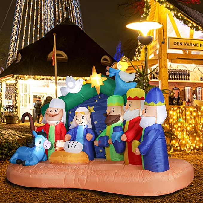 8 FT Christmas Inflatables Nativity Scene, Blow Up Christmas Nativity Scene, LED Lighted The Birth of Jesus Scene Inflatables Decor, Christmas Outdoor Inflatable Decorations for Xmas Yard Garden Décor