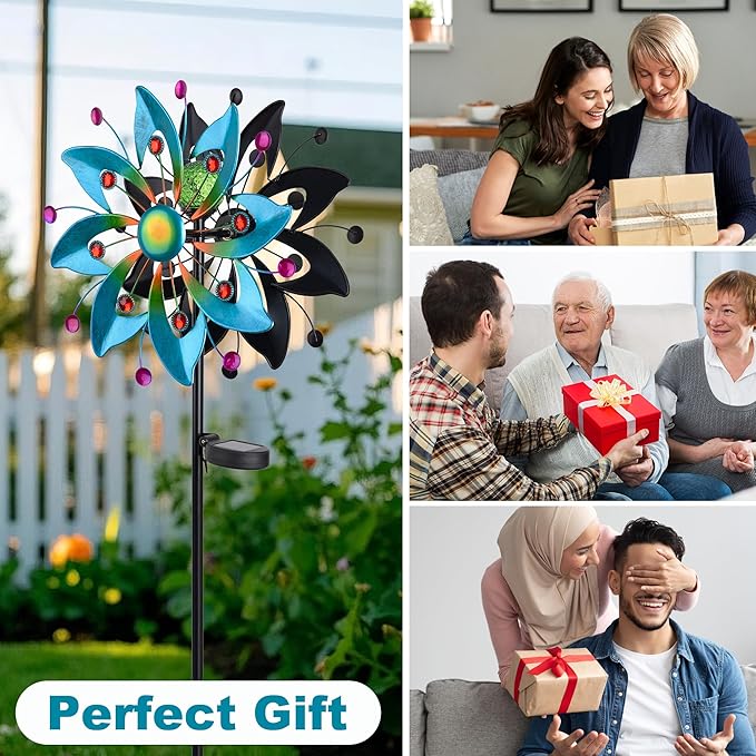 Solar Wind Spinners Outdoor - 58.8 inch Large Metal Kinetic Art Wind Sculptures Solar-Powered Multi-Color Lights Glass Ball with 360° Swivel Waterproof Windmill for Yard Garden Patio Lawn Decor