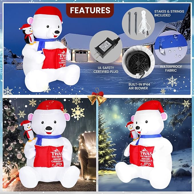 8FT Giant Christmas Inflatable Polar Bear with Penguin Decoration, LED Light Up & Built-in Speaker, Blow Up Outdoor Indoor Xmas Yard Decor for Lawn Garden Party Holiday Season