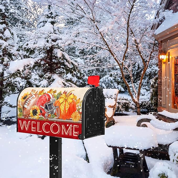 Welcome Fall Mailbox Covers Autumn Football Mail Box Cover Magnetic Standard Size 21x18 inch Sunflower Pumpkin Maple Leaf Mailbox Wraps for Outside Garden Yard