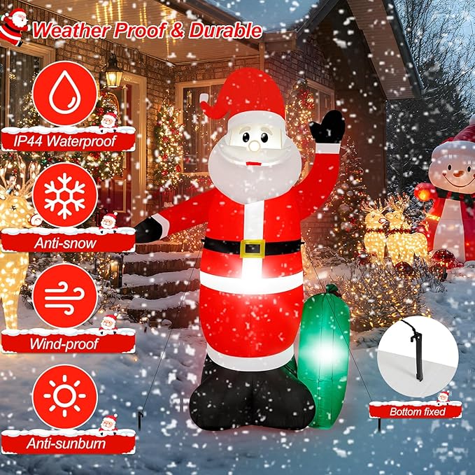 8FT Christmas Inflatable Santa Claus with Waving Hand & Built-in LED Lights, Outdoor Blow Up Santa Yard Decoration for Holiday Party, Garden, Lawn, Indoor Xmas Decor