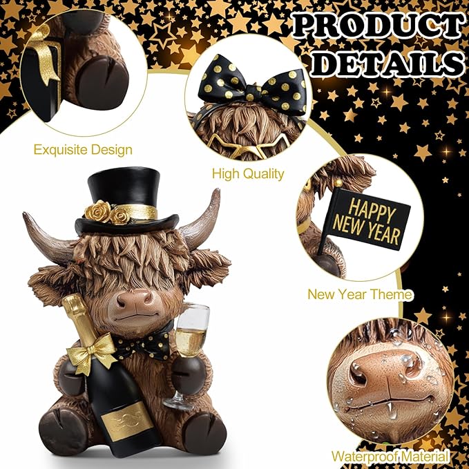 Karenhi 2 Pcs 2025 New Year Highland Cow Figurines, Happy New Year Cow Gnomes with Champagne and Gift Box, Resin Statue Calf Lovers Gifts Cute Yak Home Collectibles for Holiday Decor
