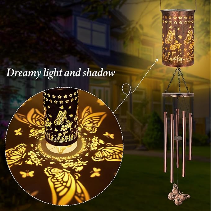 Wind Chimes for Outside Solar Lanterns Wind Chimes Outdoor Gifts for Women Grandma Christmas Decor (Butterfly Flower)