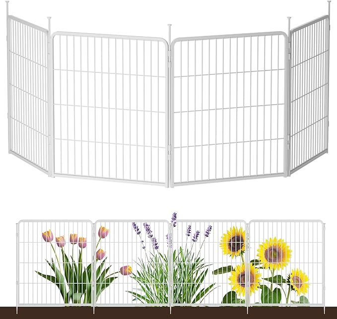 SunsGrove Garden Fence 32 in(H) x 8.9 ft(L) 4 Panels, Heavy Duty Metal Animal Barrier Fence for Dogs, Easy No-Dig Setup, Decorative Dog Fences, White