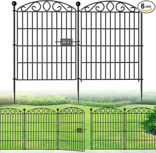 No Dig Decorative Garden Fence 6 Panel with Gate - 30in H x 11.8ft L, Tall Animal Barrier for Dogs Rabbits, Rustproof Metal Wire Panels for Yard, Patio, and Outdoor Border Use