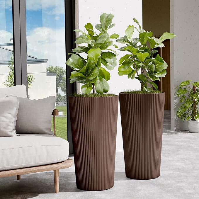 Tall Outdoor Planter Front Porch Decor Set of 2-23.6" H Tall Planters for Outdoor Plants with Drainage Hole, Round Conical Design Flower Pots for Indoor/Patio/Garden, Brown