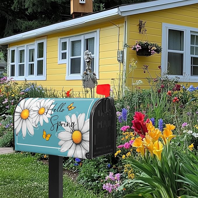 Spring Floral Daisy Mailbox Cover Magnetic Standard Size 21x18 in Floral Butterfly Post Letter Box Cover Decorations for Outside Garden Yard Blue