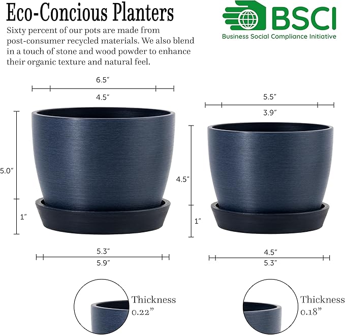 UNBREAKABLE Plant Pots Set of 2, Advanced Eco-Poly Planters with Drainage & Saucers, 6.5" + 5.5" Plastic Pots - Designer Indoor & Outdoor Décor and a Great Gift for Plant Lovers - Pacifica Wave Blue