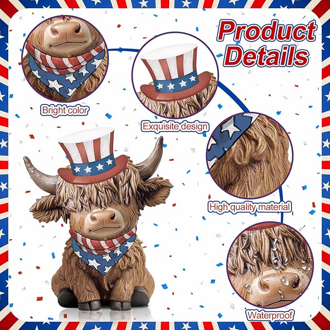 Karenhi 2 Pcs Veterans Day Highland Cow Figurines Patriotic American Flag Highland Cow Gnomes Red White and Blue Scottish Resin Statue for Home Garden Kitchen Office Tiered Tray Table Decor