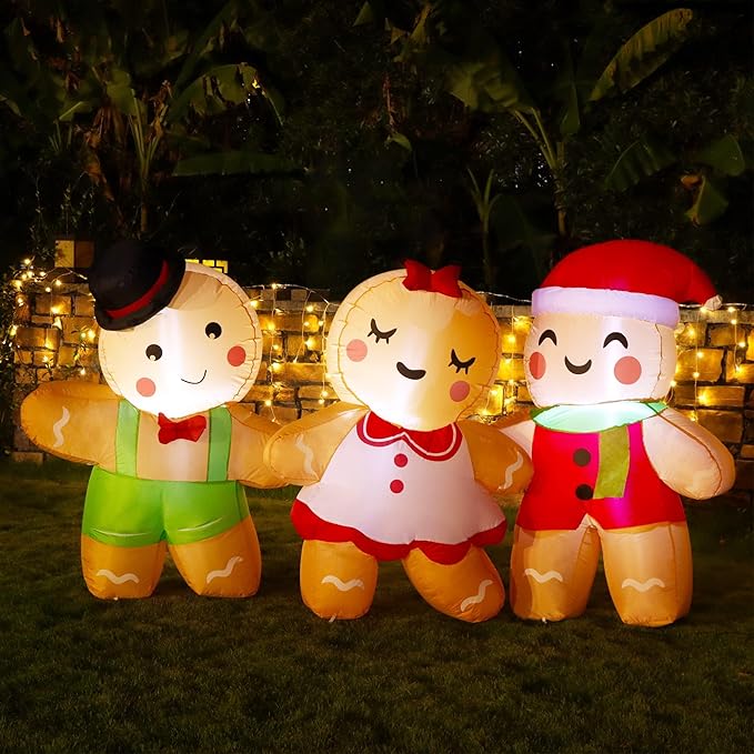 Joliyoou 8FT L Christmas Inflatable Decoration, Set of 3 Blowup Gingerbread Man Hand in Hand, Adorable Xmas Inflatable Ginger Bread Man for Winter Holiday Outdoor Indoor Decor