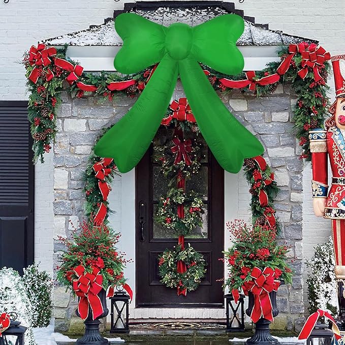 Christmas Inflatables Lighted Yard Lawn Inflatable Decoration with Built-in Fan and Stakes Ropes Holiday Party Decor, Christmas Decor (7FT-Green Bow)