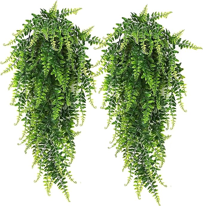 RECUTMS Hanging Artificial Plants 4Pcs UV Resistant Fake Boston Fern Realistic Faux Greenery Plastic Ivy Vines for Wall Home Room Garden Wedding Party Garland Outside Decoration(Green)