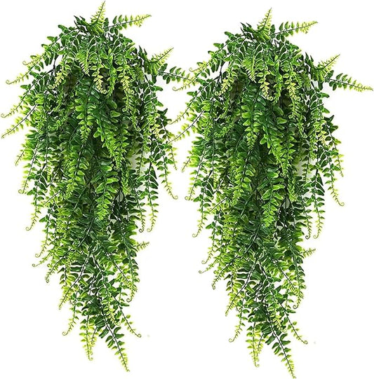 RECUTMS Hanging Artificial Plants 4Pcs UV Resistant Fake Boston Fern Realistic Faux Greenery Plastic Ivy Vines for Wall Home Room Garden Wedding Party Garland Outside Decoration(Green)