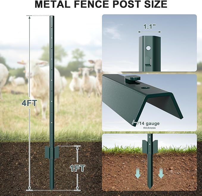 10 Pack Metal Fence Post, 4 Feet Heavy Duty Garden with U-Post, No Dig Garden Fence Stakes for Temporary Fencing, Corner Anchor