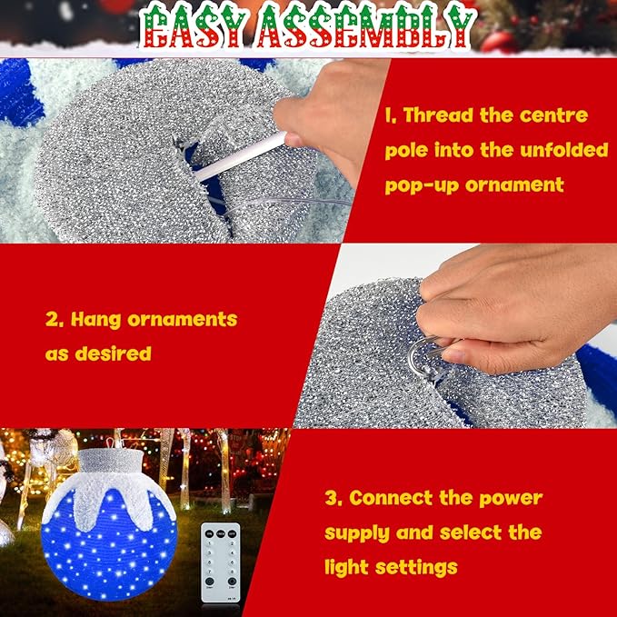 Outdoor Hanging Christmas Ornaments, Lighted Pop-Up Hanging Outdoor Holiday Ball Decoration, 8 Light Modes, Lighted Collapsible Holiday Decorations (Blue)