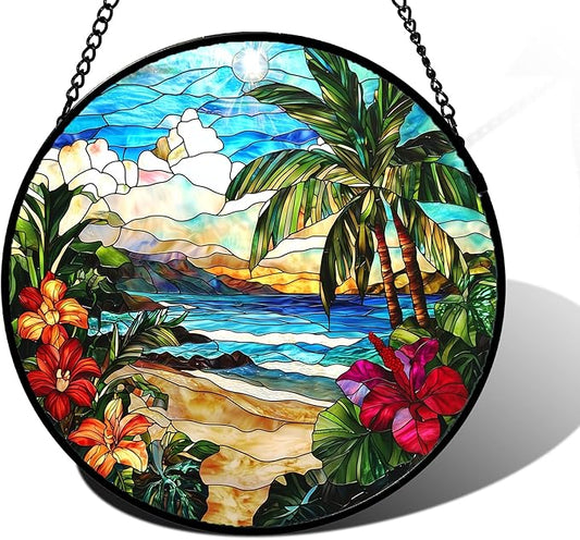 Stained Glass Window Hanging, Blue Beach Scenery Suncatcher Diamond Glass Panel Hangings Sun Catchers Decor for Birthday for Women, Men, Wife, Aunt, and Mom 9.8 in