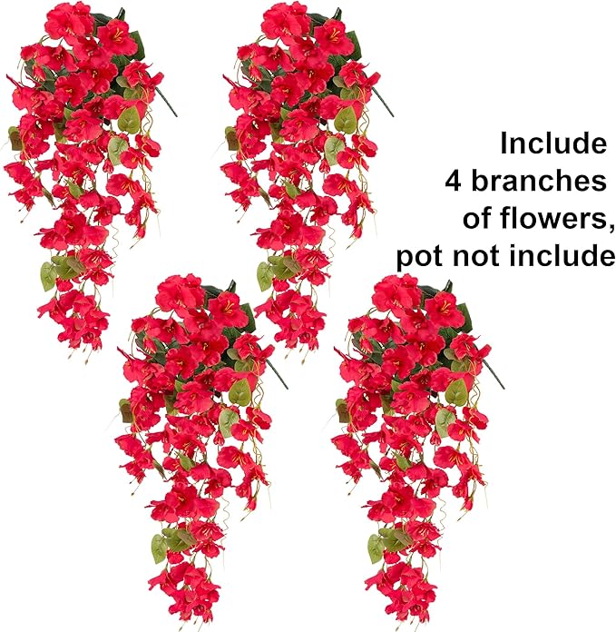 Artificial Hibiscus Fake Hanging Flowers Plants for Outdoors Spring Summer Decoration, 4pcs Red Silk Hibiscus Long Trailing Vines UV Resistant Realistic Faux Flower for Outside Front Door Porch Patio