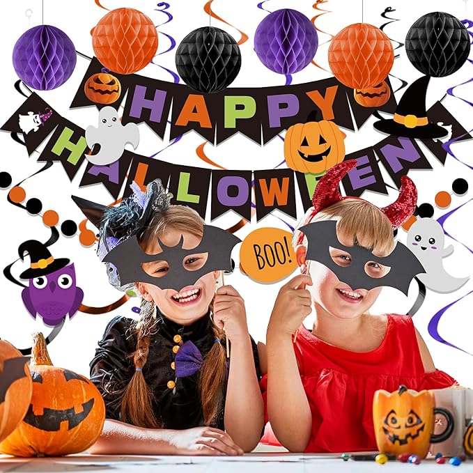 meowtastic Happy Halloween Banner Decorations - Halloween Banner with Honeycomb Ball, Hanging Swirl Streamer, Circle Dot Garland Decorations for theme Party Decorations