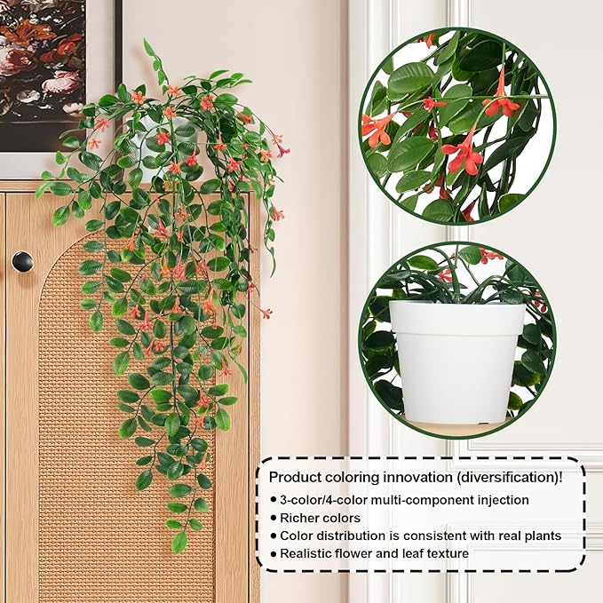 2 x Fake Hanging Plants Small Artificial Potted Lysimachia Plants with OrangeRed Flowers for Home Decor Nearly Natural Hanger Greenery for Wall Room Indoor Outdoor Shelf Decor OrangeRed