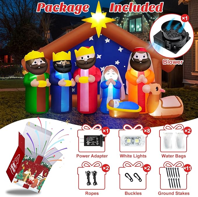 8FT Long Christmas Inflatables Outdoor Nativity Scene Manger Decoration, Build-in LED Lights Giant Xmas Blow Up Yard Decorations The Birth of Jesus for Winter Holiday Party Indoor Outside Lawn Decor