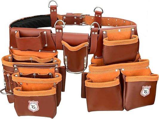 Leather Tool Belt with Adjustable Hook - Premium Heavy Duty Tool Belts for Men with 22 Multi-Purpose Pocket Tool Pouch (Maroon, Standard), RG-004