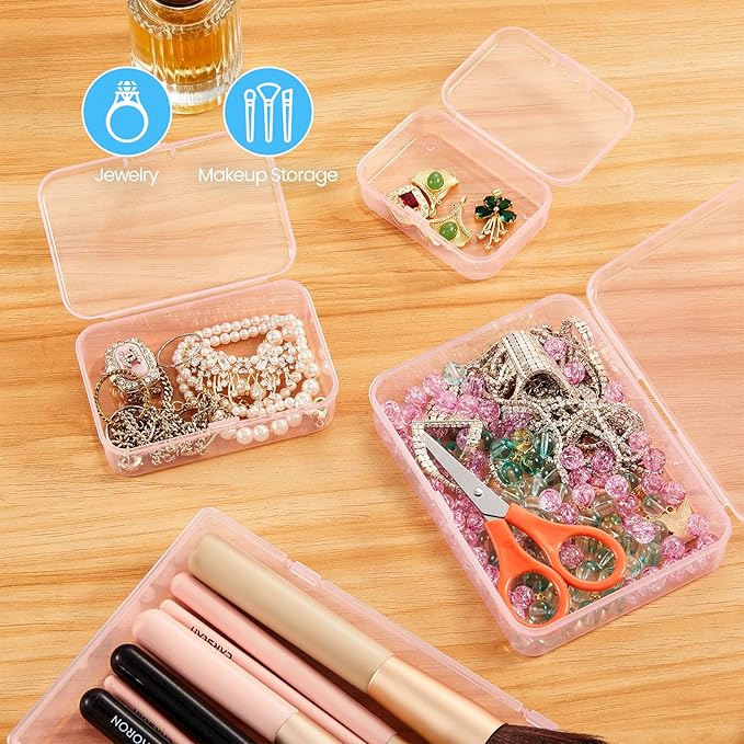 Goodma 12 Pieces Mini Rectangular Plastic Boxes Empty Storage Organizer Containers with Hinged Lids for Small Items and Other Craft Projects (Pink, 3.3 x 2.2 x 1 inch)