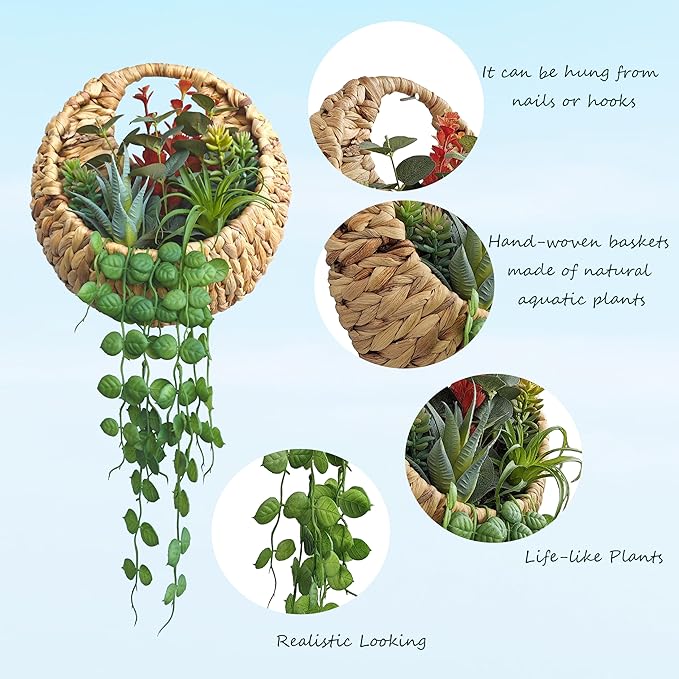 22inch Artificial Handing Plants for Wall Art Decor,Greenery Wall Decorations,Ivys Succulents Greenerys with Flower Baskets for Home,Farmhouse,Indoor,Porch,Room,Garden Decoration