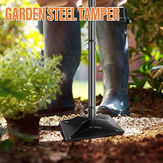Garden Steel Tamper with 45 Inch Handle, Hand Ground Tamper Tool, Durable Plate Soil Compactor, Garden Heavy Duty Ideal Tool for Leveling Soil, Gravel, Asphalt, Driveway