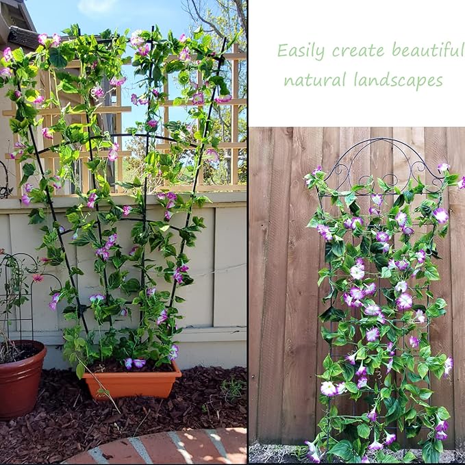CISDUEO 2 Pcs Artificial Vines Silk Morning Glory Vines for Outdoor 15Feet Hanging Plants Garland Purple Fake Green Plant Morning Glories for Home Decor Wall Fence Stairway Wedding Hanging Baskets
