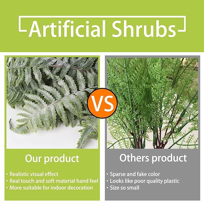 Fake Plants Stem Artificial Boston Fern 19" Green Fake Greenery Branches 2 Pcs UV Resistant Faux Plant Bushes for Home Indoor Outdoor Garden Wedding Bouquet Table Decor