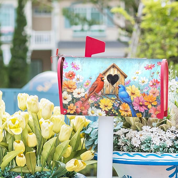 Spring Summer Birds Mailbox Cover Magnetic Standard Size 21x25.5 Inch Welcome Floral Mailbox Wraps Post Box Cover Decoration Outdoor Garden Home Yard Outside