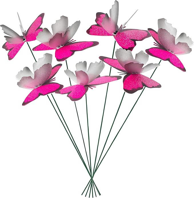 Handmade Pink Butterfly Garden Stakes Set of 7 - Decorative Outdoor & Indoor Plant Decor - Nature Lover Gift Idea by Air Aquarium Kushner