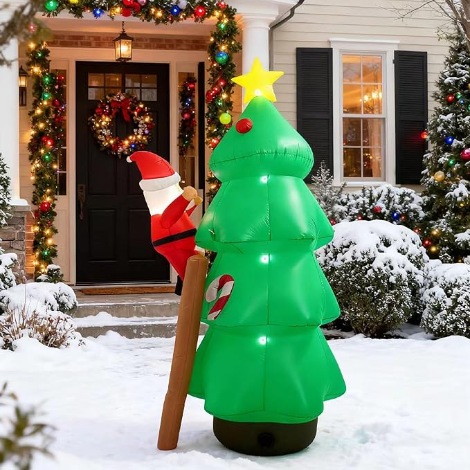9FT Christmas Inflatables Decorations Santa Claus Climbing Ladder with Christmas Tree, Built-in Bright LEDs, for Yard Garden Lawn Home Party