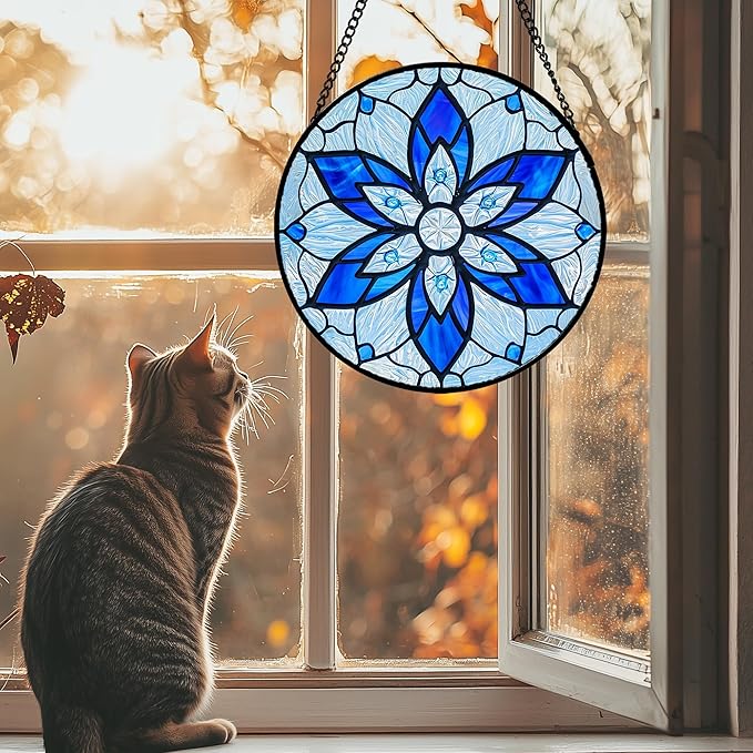 Stained Glass Window Hanging, Blue Tiffany Style Flowers Sun Catcher for Window Door Home Decor Suncatcher Christmas Mother's Day Birthday Gifts for Women Men Mom and Nana 6.3 in