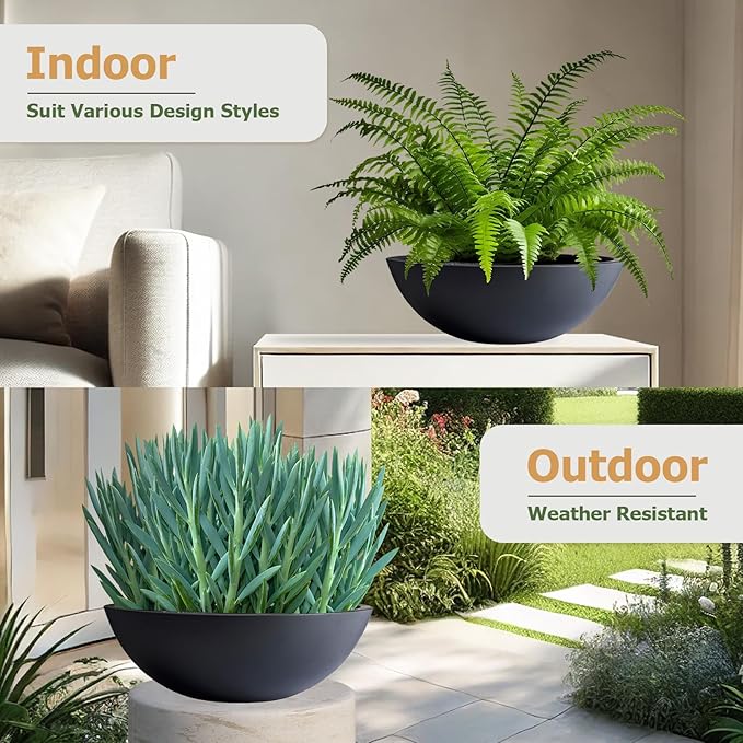 7.7"H x 22"D Round Bowl Fiberstone Planter for Succulent and Lotus - Christmas Tree Planter, Weather Resistant for Indoor & Outdoor Use, Included 2 Extra Coco Mats (Black, 19.9" Pot Opening)