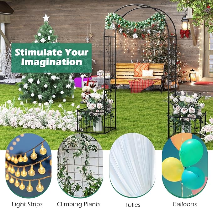 Giantex Garden Arch Trellis with Planters, 86'' Metal Arbor Pergola for Climbing Plants Rose, Heavy-Duty Outdoor Archway for Wedding Party Ceremony Pathway Garden Yard Lawn Decoration