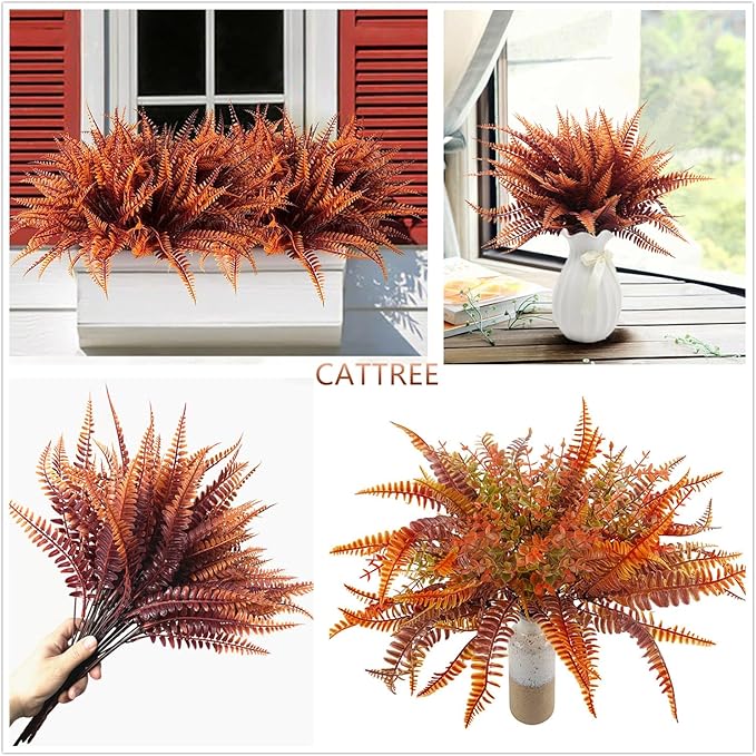 CATTREE Artificial Fern Shrubs, Plastic Plants Boston Ferns Grass Fake Bushes Greenery Leaves Wedding Indoor Outdoor Home Garden Verandah Office Table Centerpieces Arrangements Decoration Red 6 Pack