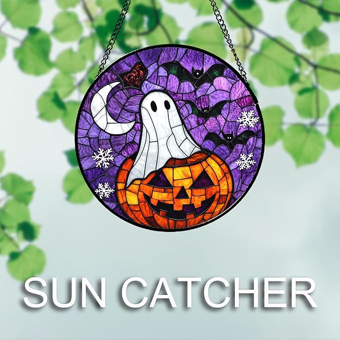 Stained Glass Window Hanging Halloween Horror Pumpkin 7.8" - Suncatcher Door Garden Sunroom Gothic Style Ghost Bat Sun Catcher Birthday for Friend Mom Men Woman Nana