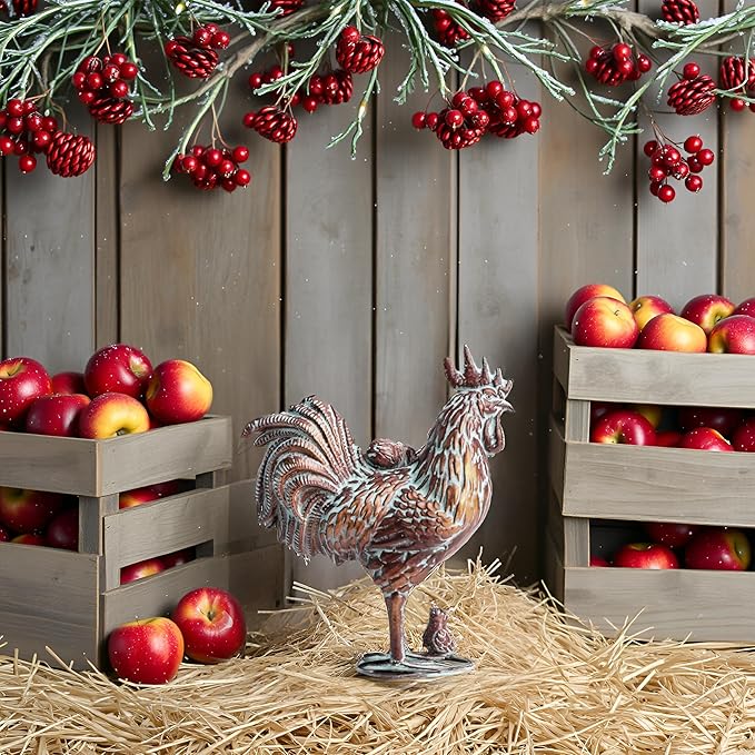 Metal Rooster w/ Chicks Statue Garden Yard Decor,15.7"L x 18.8"H Metal Chickens Yard Art, Vintage Outdoor Chicken Rooster Figurine for Backyard Patio Lawn Home Decoration, Gift for Chicken Lovers