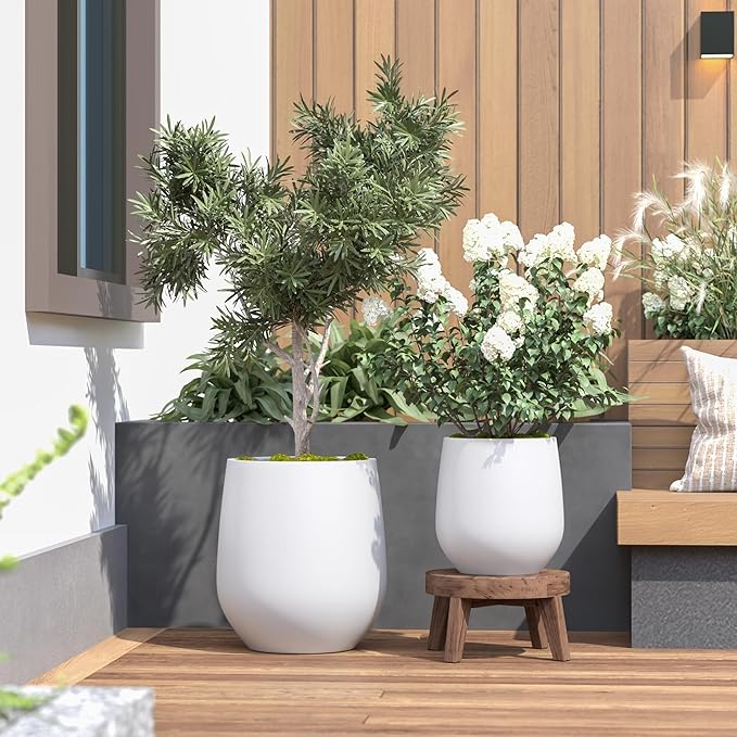 DTY Signature Mount Wilson Lightweight and Durable Modern Fiberstone Tapered Planter for Indoor Outdoor Drainage Hole & Rubber Plug Weather Resistant, 11.8" H x 11" Dia, 8" Opening - Small, White