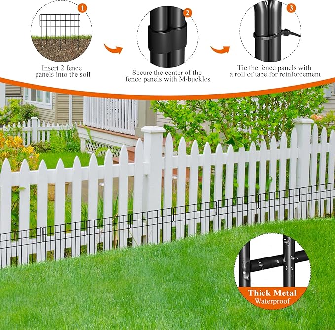 Decorative Fence Panel, 12.99"*11.97" No Dig Fences Barrier, Small Garden Fence Animal Barrier, Garden Border Edging Fences, Square 26 Pcs Black Metal Fencing, Dog Fencing Blocker for Yard, Flower Bed