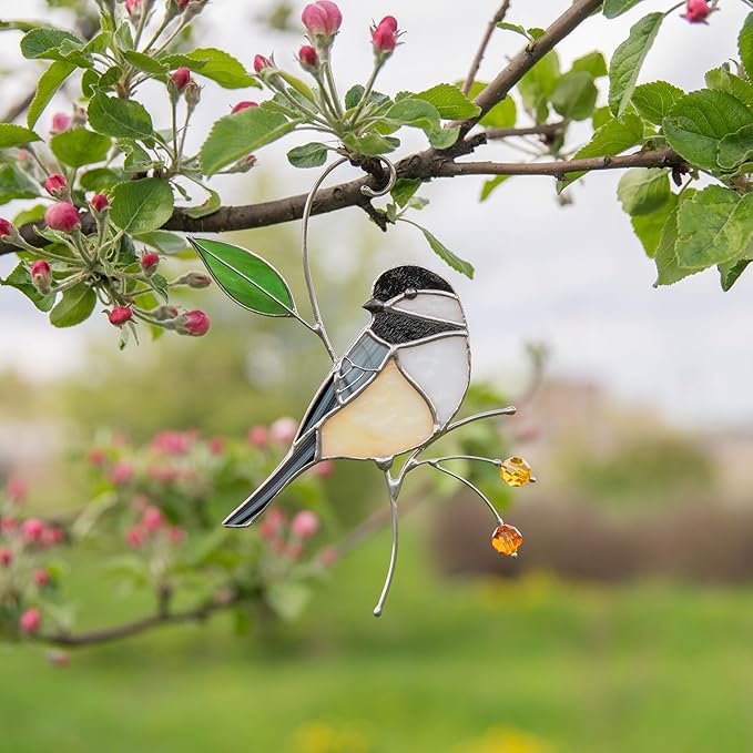 Gift Birds Handmade Chickadee Stained Glass Suncatchers Genuine Stained Glass Window Hanging Unique Indoor Ornament & Outdoor Decor (A Chickadee)