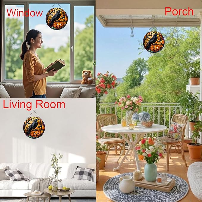 Crow Stained Glass Window Hanging,Halloween Window Decor, Fall Hanging Ornaments for Women Round Stained Glass Panels Ornaments for Fall Gift,Housewarming Gift, (B Style)