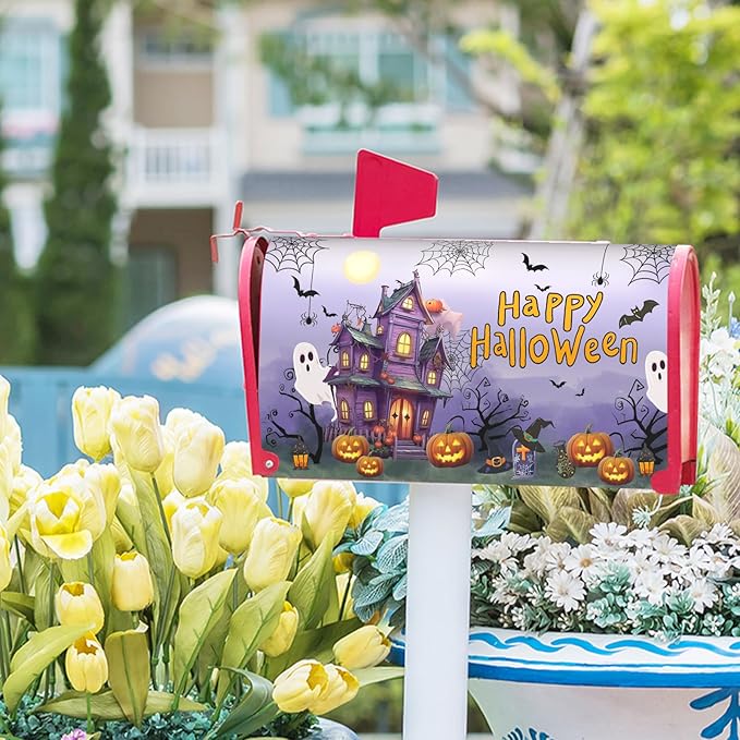 Halloween Magnetic Moon Pumpkin Mailbox Covers - Standard Size 21" X 25.5" Purple Post Cover for Outside Decoration