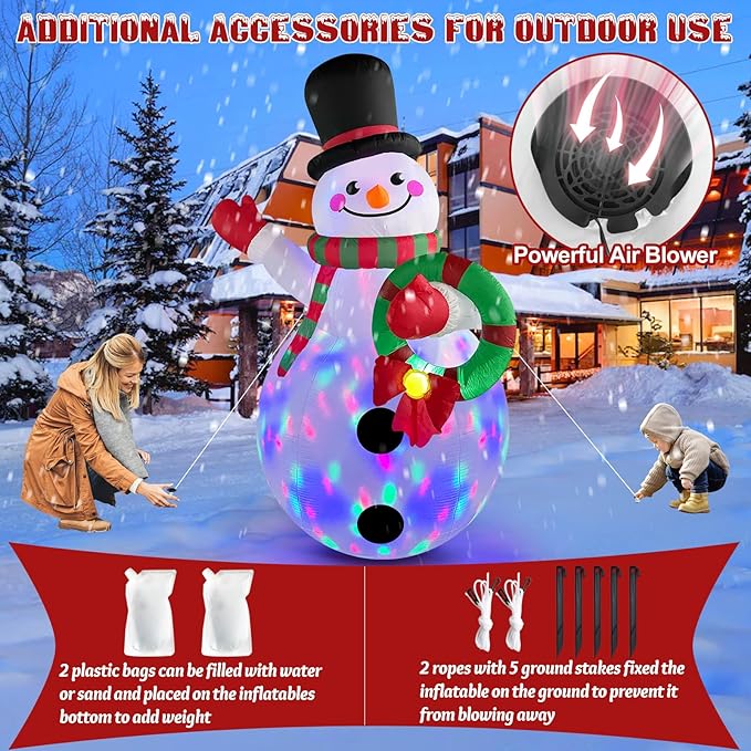 Danxilu 6 FT Christmas Inflatables Snowman Outdoor Decorations with Colorful Rotating LED Lights, Blow up Snow Man Wear Magic Hat with Wreath Xmas Decor for Yard Garden Lawn Porch Holiday Party