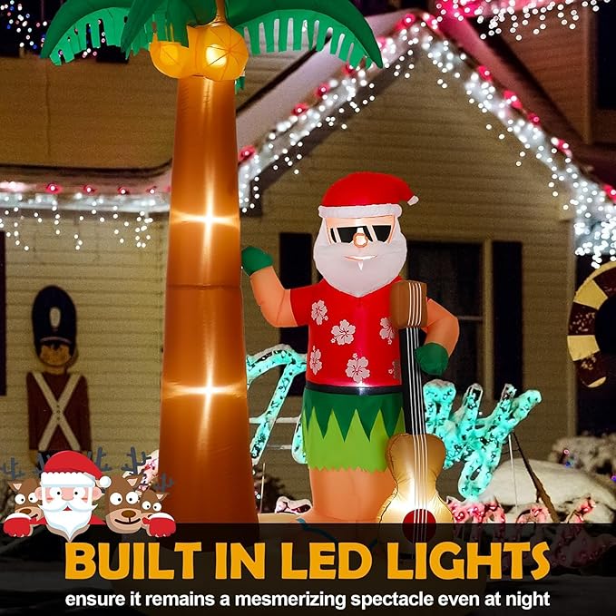 Liliful 8 Ft Tall Christmas Santa Inflatable Outdoor Decorations Hula Santa Claus on Beach Palm Tree Outdoor Xmas Blow Up Yard Decoration with LED Lights for Christmas Party Outdoor Garden Lawn Patio